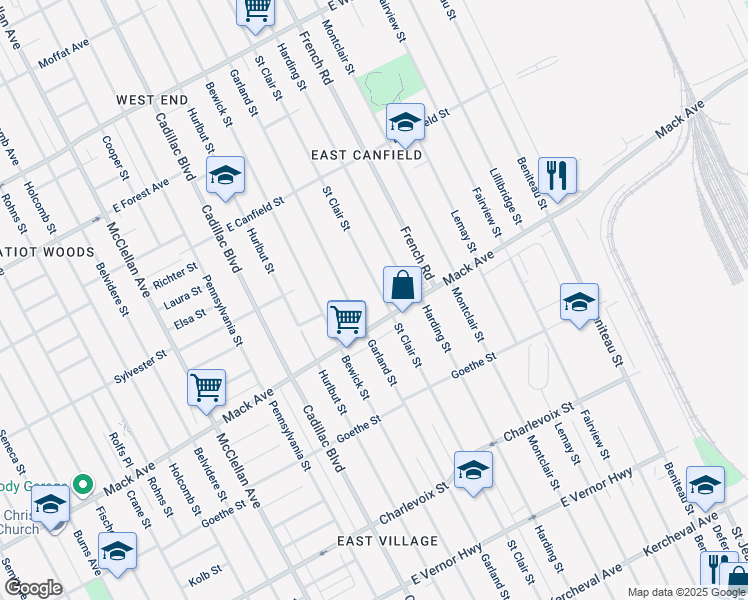 map of restaurants, bars, coffee shops, grocery stores, and more near 3783 Saint Clair Street in Detroit