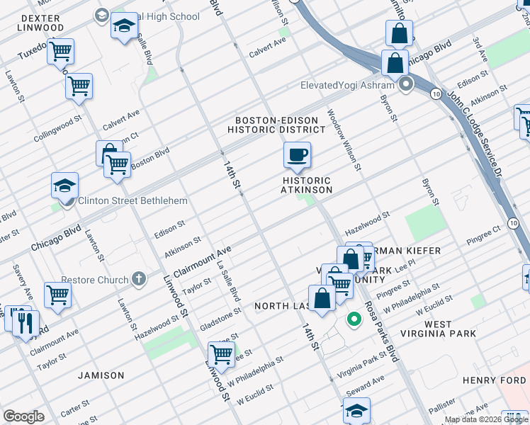 map of restaurants, bars, coffee shops, grocery stores, and more near 2066 Atkinson Street in Detroit