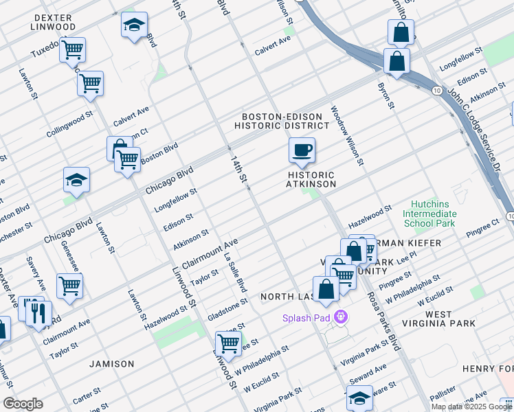 map of restaurants, bars, coffee shops, grocery stores, and more near 2066 Atkinson Street in Detroit