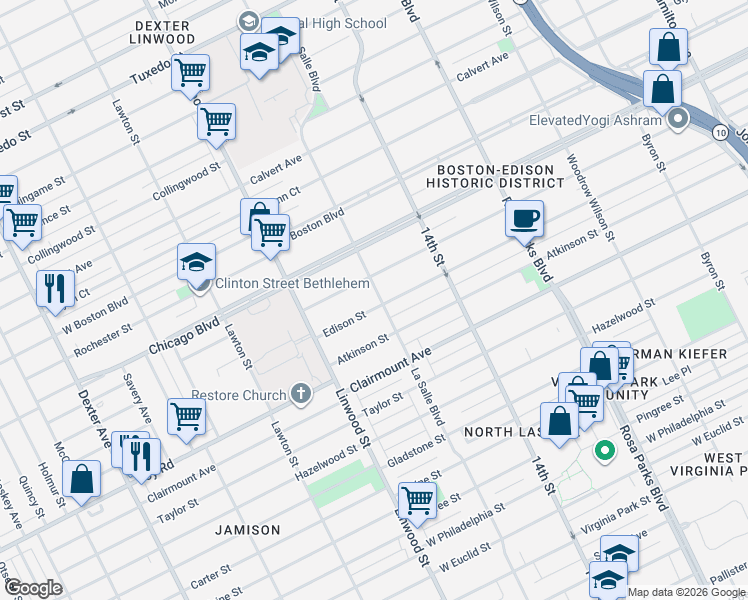 map of restaurants, bars, coffee shops, grocery stores, and more near 2401 Longfellow Street in Detroit