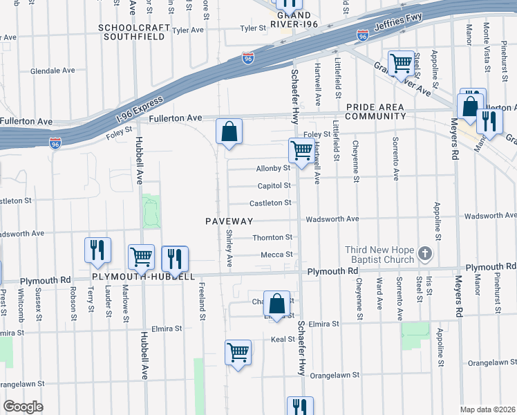 map of restaurants, bars, coffee shops, grocery stores, and more near 13750 Castleton Street in Detroit