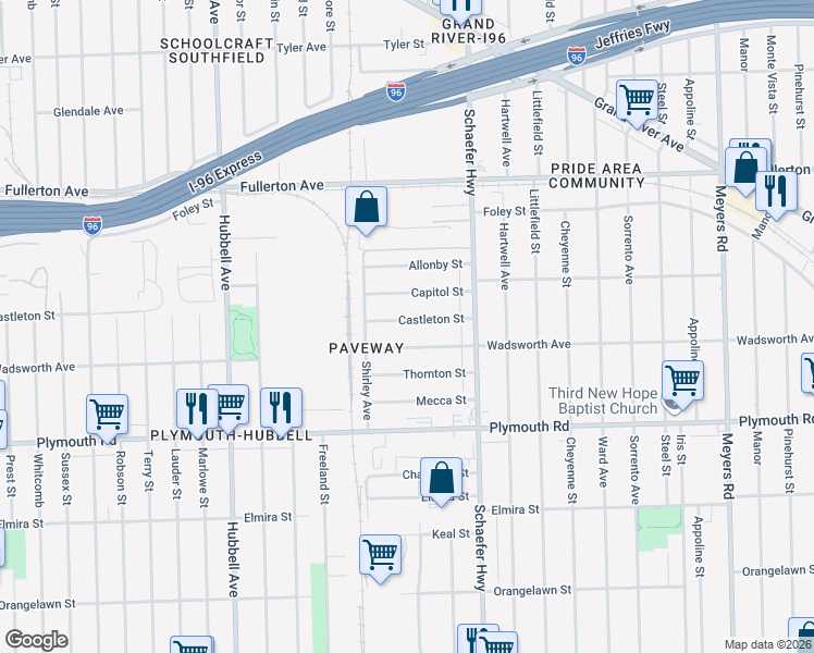 map of restaurants, bars, coffee shops, grocery stores, and more near 13750 Castleton Street in Detroit