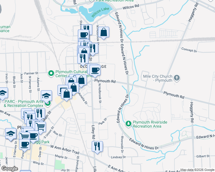 map of restaurants, bars, coffee shops, grocery stores, and more near 244 Plymouth Road in Plymouth