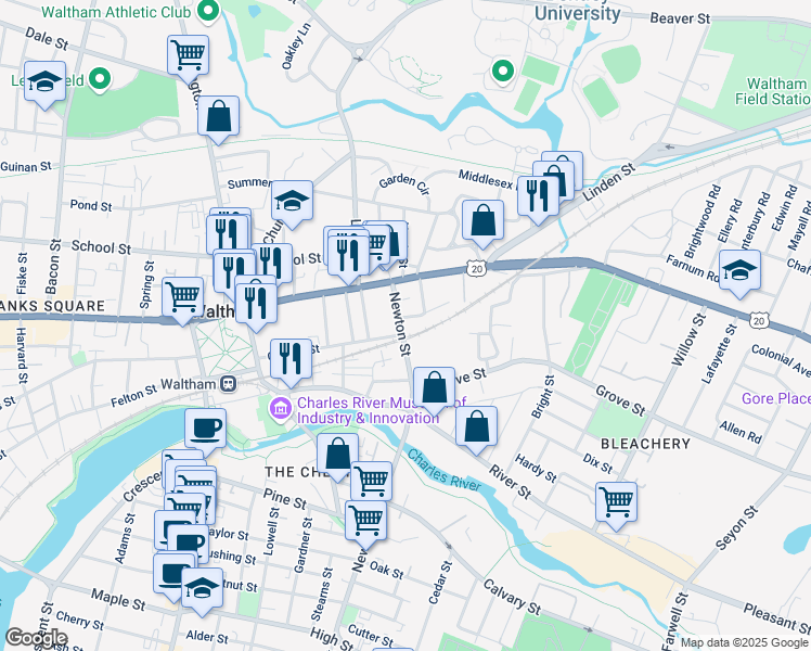 map of restaurants, bars, coffee shops, grocery stores, and more near 16 Newton Street in Waltham