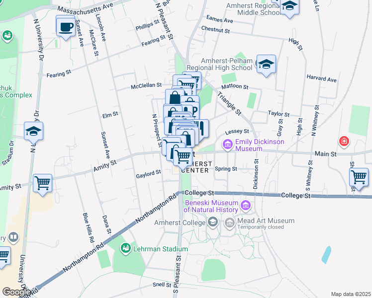 map of restaurants, bars, coffee shops, grocery stores, and more near 47 Boltwood Walk in Amherst