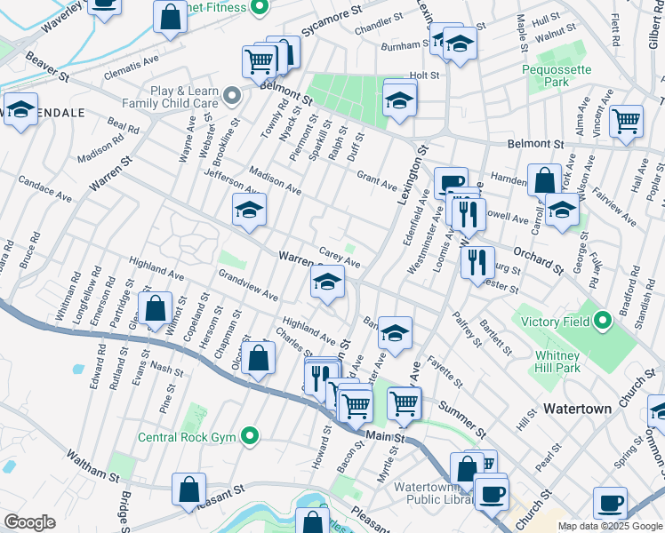 map of restaurants, bars, coffee shops, grocery stores, and more near 39 Carey Avenue in Watertown