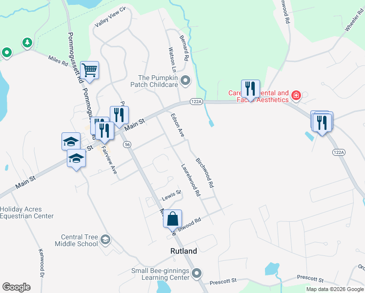 map of restaurants, bars, coffee shops, grocery stores, and more near 32 Edson Avenue in Rutland