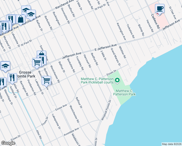 map of restaurants, bars, coffee shops, grocery stores, and more near 875 Harcourt Road in Grosse Pointe Park