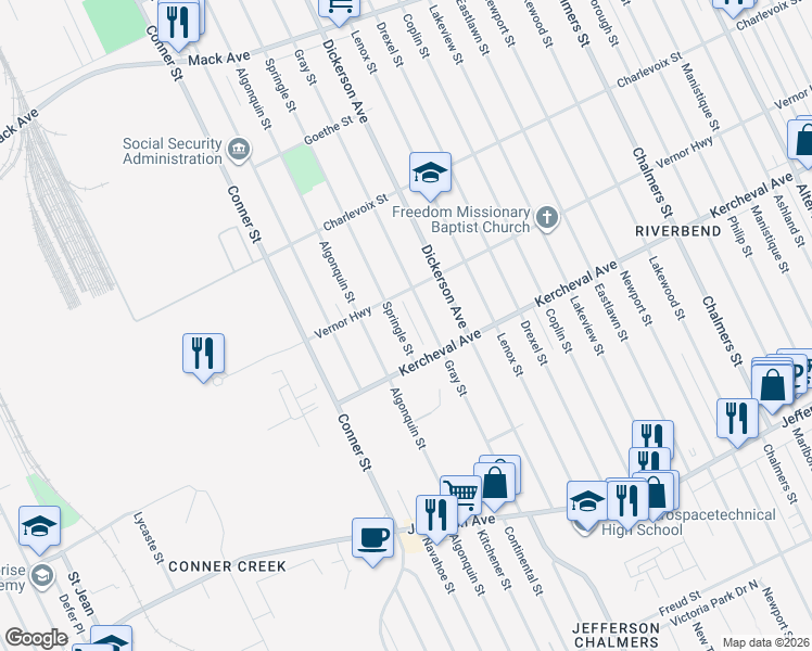 map of restaurants, bars, coffee shops, grocery stores, and more near 2216 Springle Street in Detroit