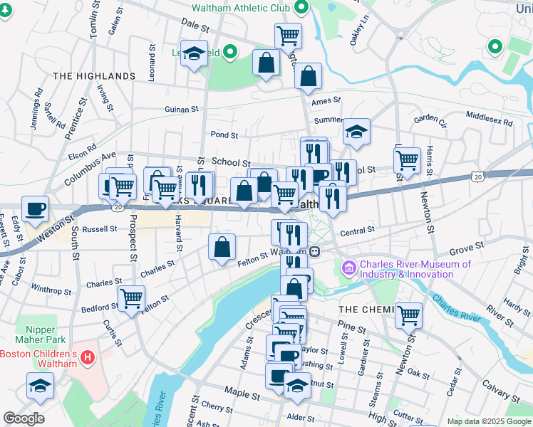 map of restaurants, bars, coffee shops, grocery stores, and more near 710 Main Street in Waltham