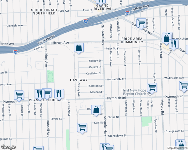 map of restaurants, bars, coffee shops, grocery stores, and more near 13666 Castleton Street in Detroit