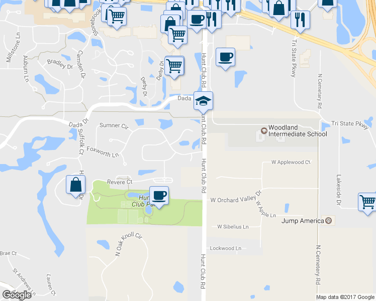 map of restaurants, bars, coffee shops, grocery stores, and more near 6530 Foxworth Lane in Gurnee