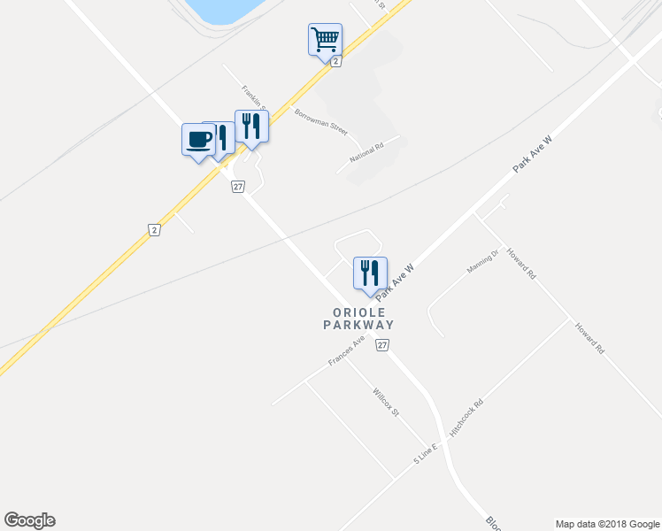 map of restaurants, bars, coffee shops, grocery stores, and more near 73 Oriole Parkway in Chatham-Kent