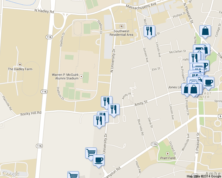 map of restaurants, bars, coffee shops, grocery stores, and more near Swift Way in Amherst