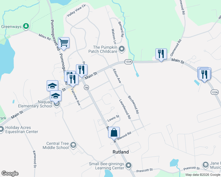 map of restaurants, bars, coffee shops, grocery stores, and more near 11 Edson Avenue in Rutland