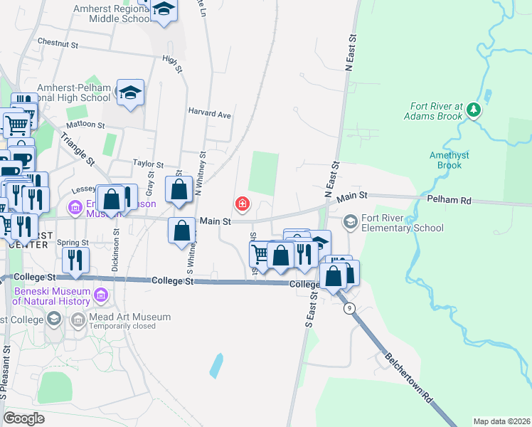 map of restaurants, bars, coffee shops, grocery stores, and more near 44 Salem Place in Amherst