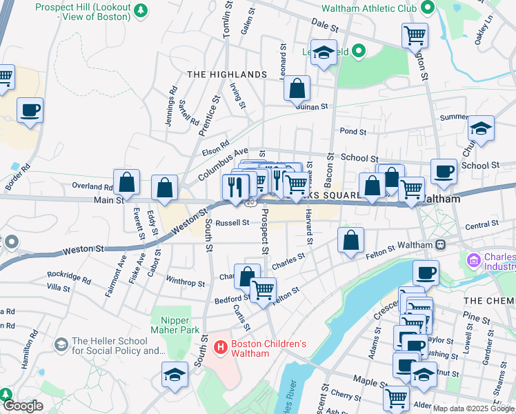 map of restaurants, bars, coffee shops, grocery stores, and more near 892 U.S. 20 in Waltham