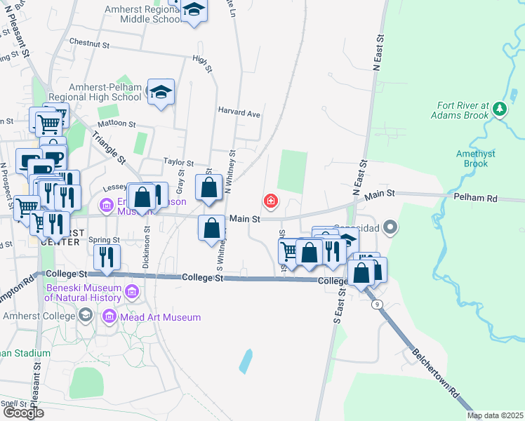 map of restaurants, bars, coffee shops, grocery stores, and more near 638 Main Street in Amherst