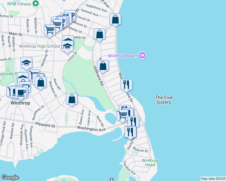 map of restaurants, bars, coffee shops, grocery stores, and more near 35 Pearl Avenue in Winthrop