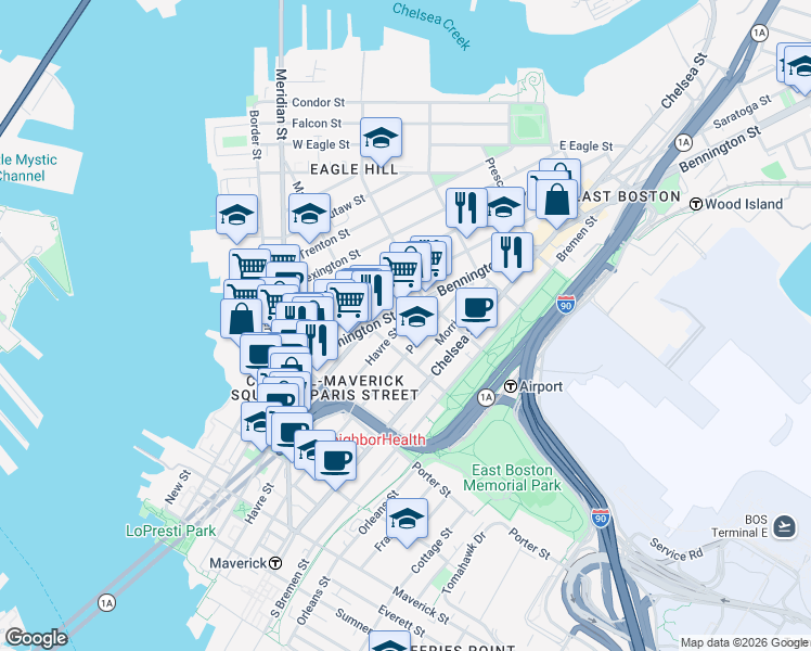 map of restaurants, bars, coffee shops, grocery stores, and more near 293 Havre Street in Boston