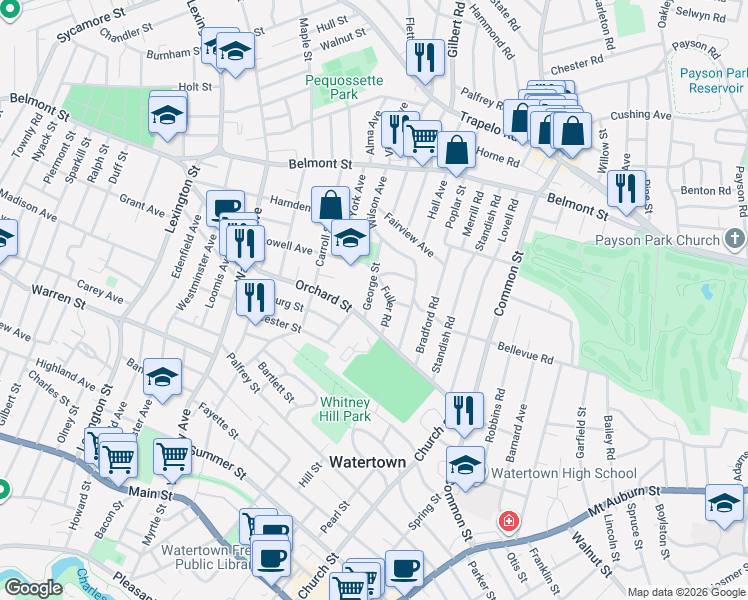 map of restaurants, bars, coffee shops, grocery stores, and more near 50 Fuller Road in Watertown