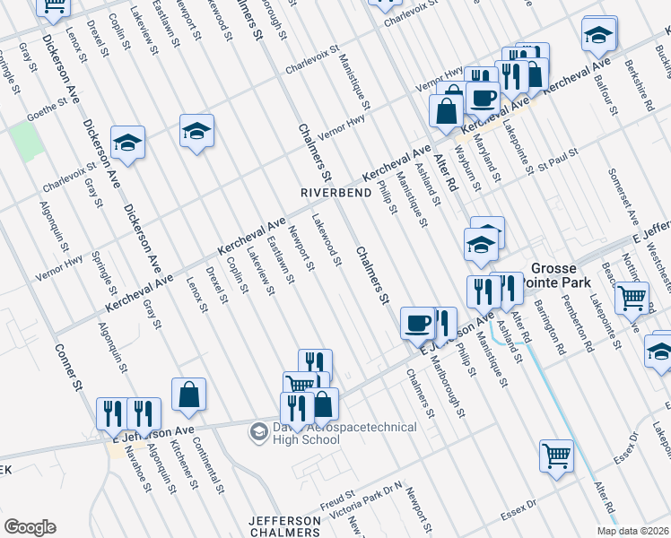 map of restaurants, bars, coffee shops, grocery stores, and more near 1334 Newport Street in Detroit