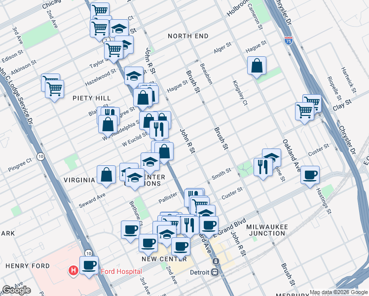 map of restaurants, bars, coffee shops, grocery stores, and more near 208 Mount Vernon Street in Detroit