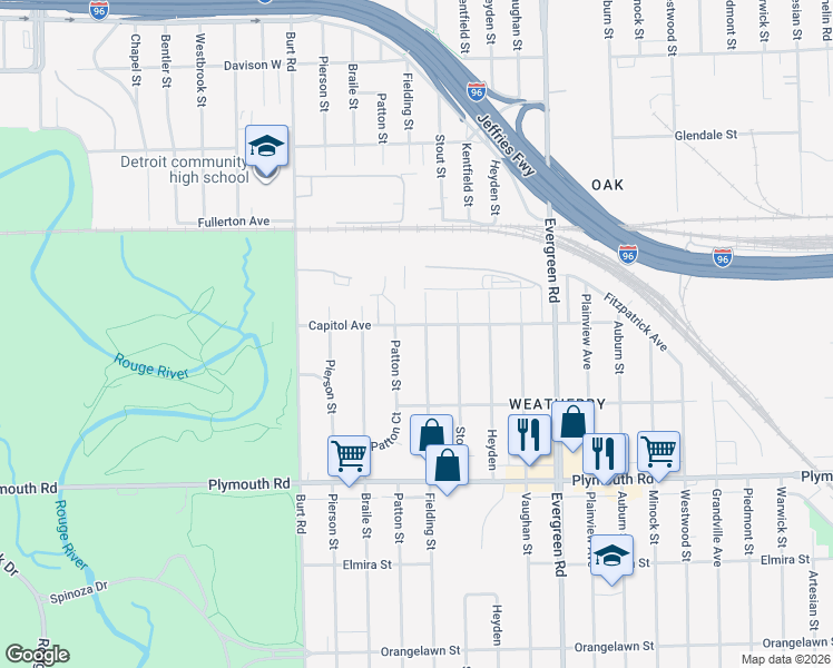 map of restaurants, bars, coffee shops, grocery stores, and more near 12200 Fielding Street in Detroit