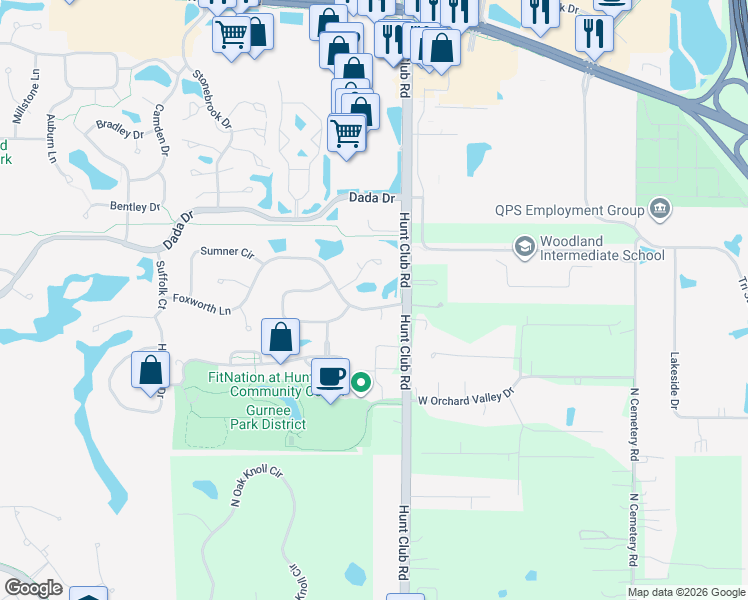 map of restaurants, bars, coffee shops, grocery stores, and more near 6530 Foxworth Lane in Gurnee