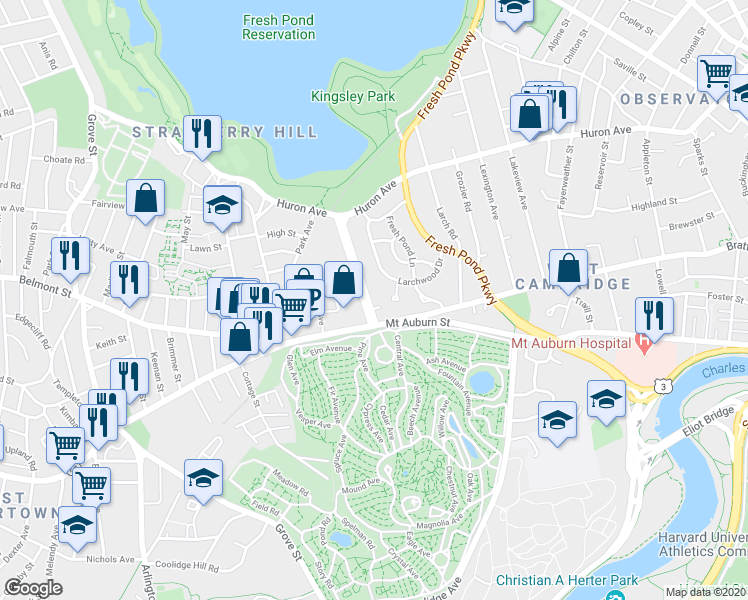 map of restaurants, bars, coffee shops, grocery stores, and more near 25 Aberdeen Avenue in Cambridge
