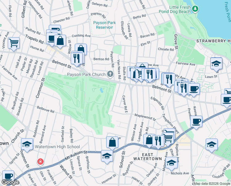 map of restaurants, bars, coffee shops, grocery stores, and more near 29 Commonwealth Road in Watertown