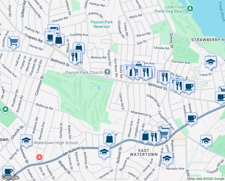 map of restaurants, bars, coffee shops, grocery stores, and more near 21 Commonwealth Road in Watertown