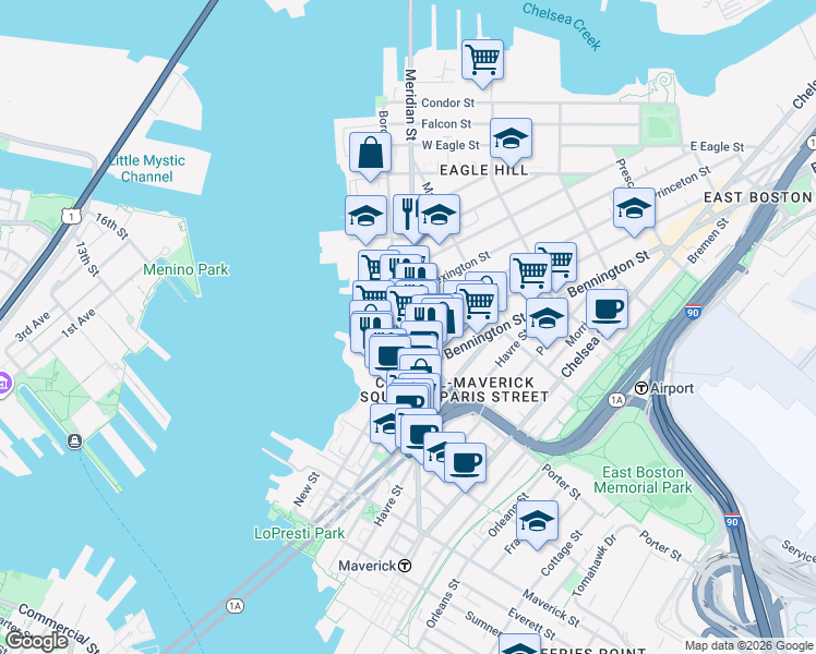 map of restaurants, bars, coffee shops, grocery stores, and more near 250 Meridian Street in Boston
