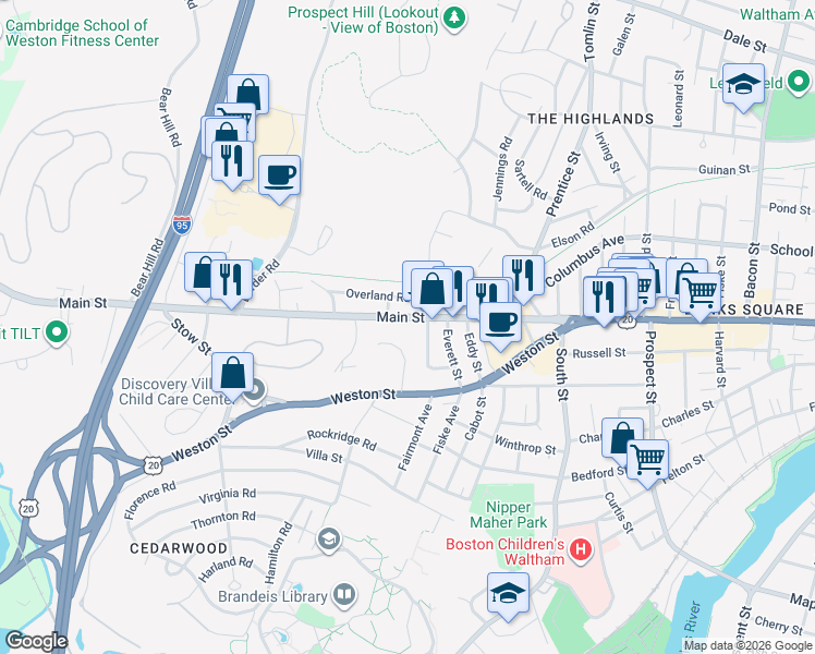 map of restaurants, bars, coffee shops, grocery stores, and more near 1089 Main Street in Waltham