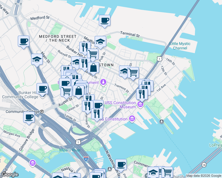 map of restaurants, bars, coffee shops, grocery stores, and more near 13 Monument Square in Boston