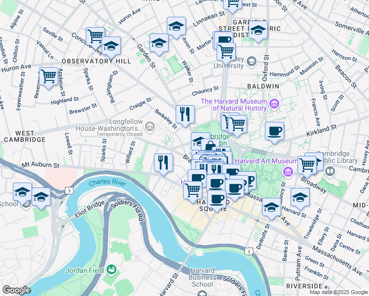 map of restaurants, bars, coffee shops, grocery stores, and more near 5 James Street in Cambridge