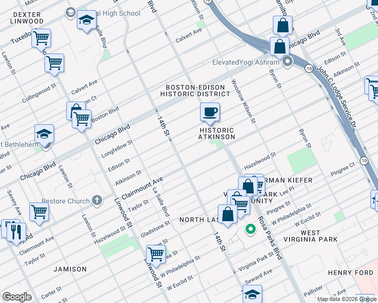 map of restaurants, bars, coffee shops, grocery stores, and more near 2066 Atkinson Street in Detroit