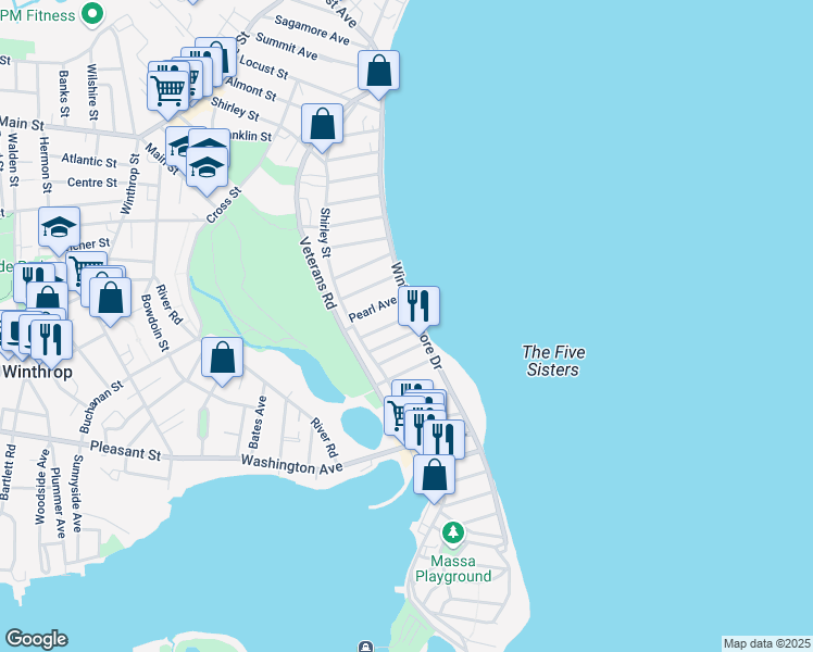 map of restaurants, bars, coffee shops, grocery stores, and more near 132 Winthrop Shore Drive in Winthrop