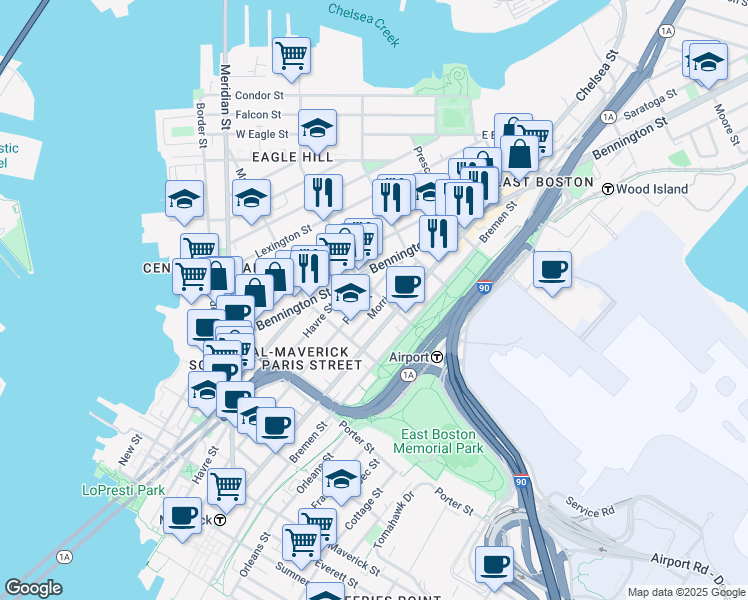 map of restaurants, bars, coffee shops, grocery stores, and more near 303 Paris Street in Boston
