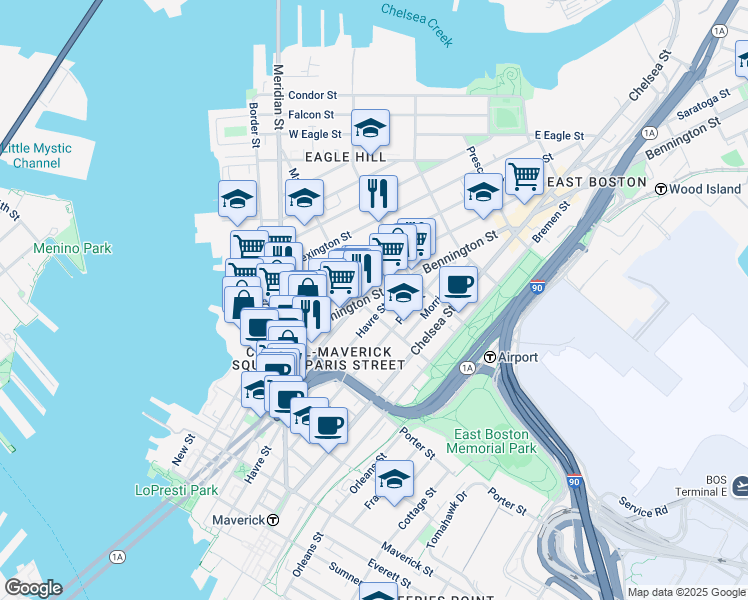 map of restaurants, bars, coffee shops, grocery stores, and more near 92 Bennington Street in Boston