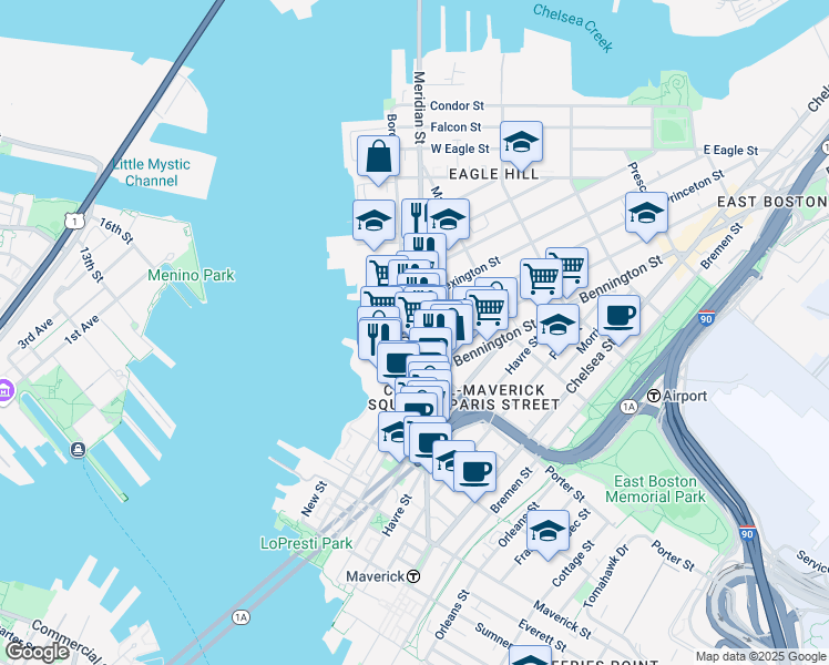 map of restaurants, bars, coffee shops, grocery stores, and more near 239 Border Street in Boston