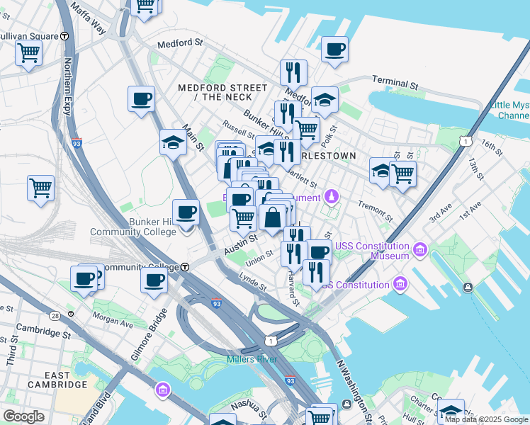 map of restaurants, bars, coffee shops, grocery stores, and more near 219 Main Street in Boston