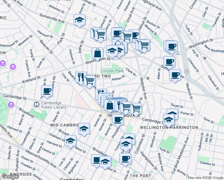 map of restaurants, bars, coffee shops, grocery stores, and more near 68 Concord Avenue in Somerville