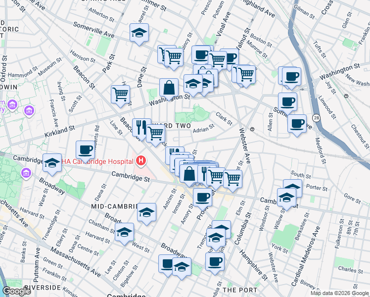 map of restaurants, bars, coffee shops, grocery stores, and more near 68 Concord Avenue in Somerville