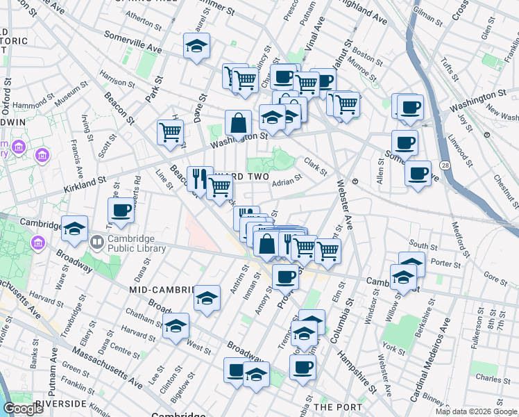 map of restaurants, bars, coffee shops, grocery stores, and more near 68 Concord Avenue in Somerville