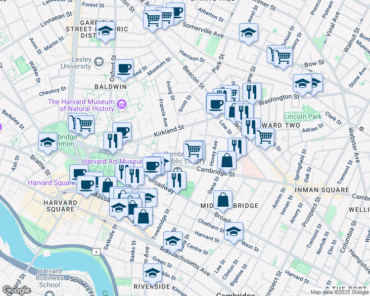 map of restaurants, bars, coffee shops, grocery stores, and more near 40 Irving Street in Cambridge