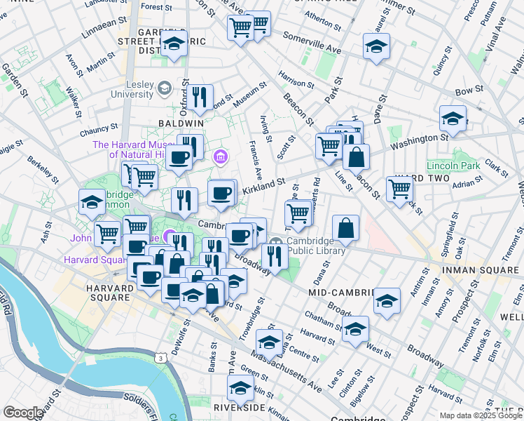 map of restaurants, bars, coffee shops, grocery stores, and more near in Cambridge