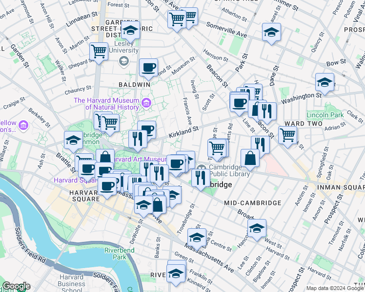 map of restaurants, bars, coffee shops, grocery stores, and more near in Cambridge