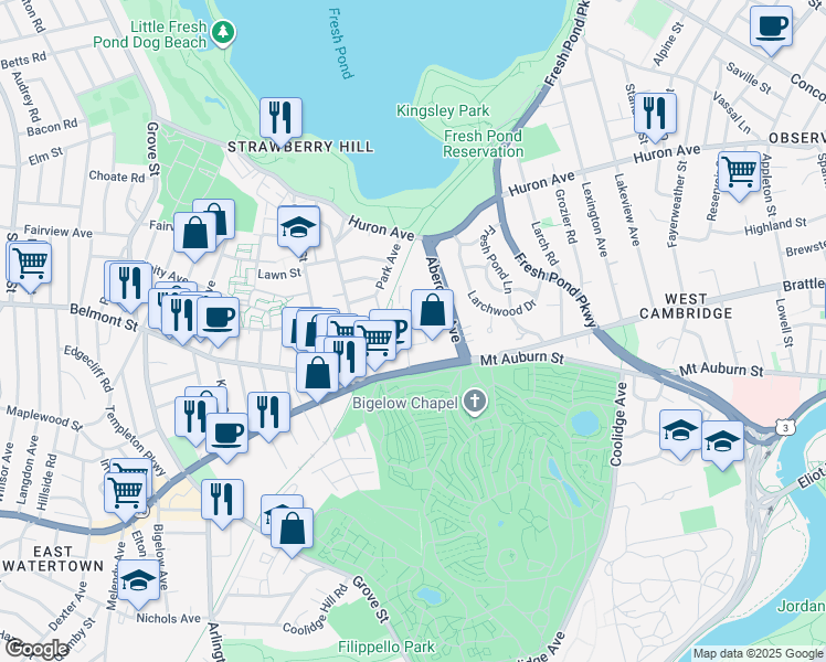map of restaurants, bars, coffee shops, grocery stores, and more near 47 Homer Avenue in Cambridge