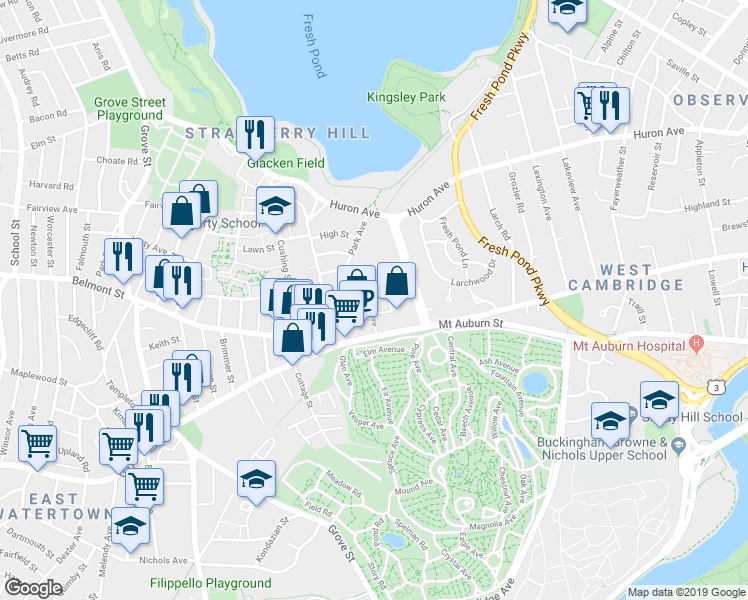 map of restaurants, bars, coffee shops, grocery stores, and more near 47 Homer Avenue in Cambridge